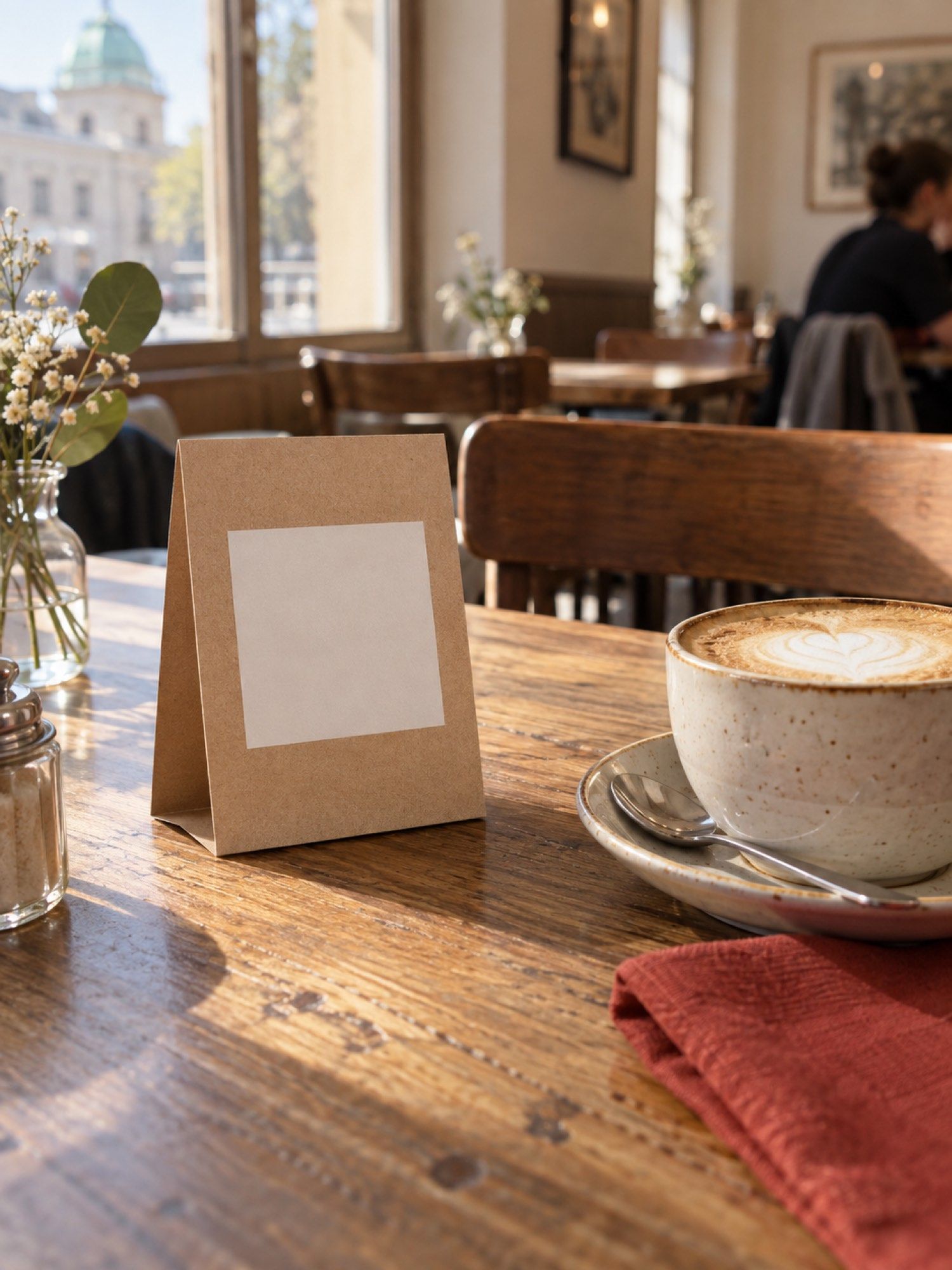 A5-Aufsteller aus Karton auf einem Cafétisch neben einer Tasse Cappuccino