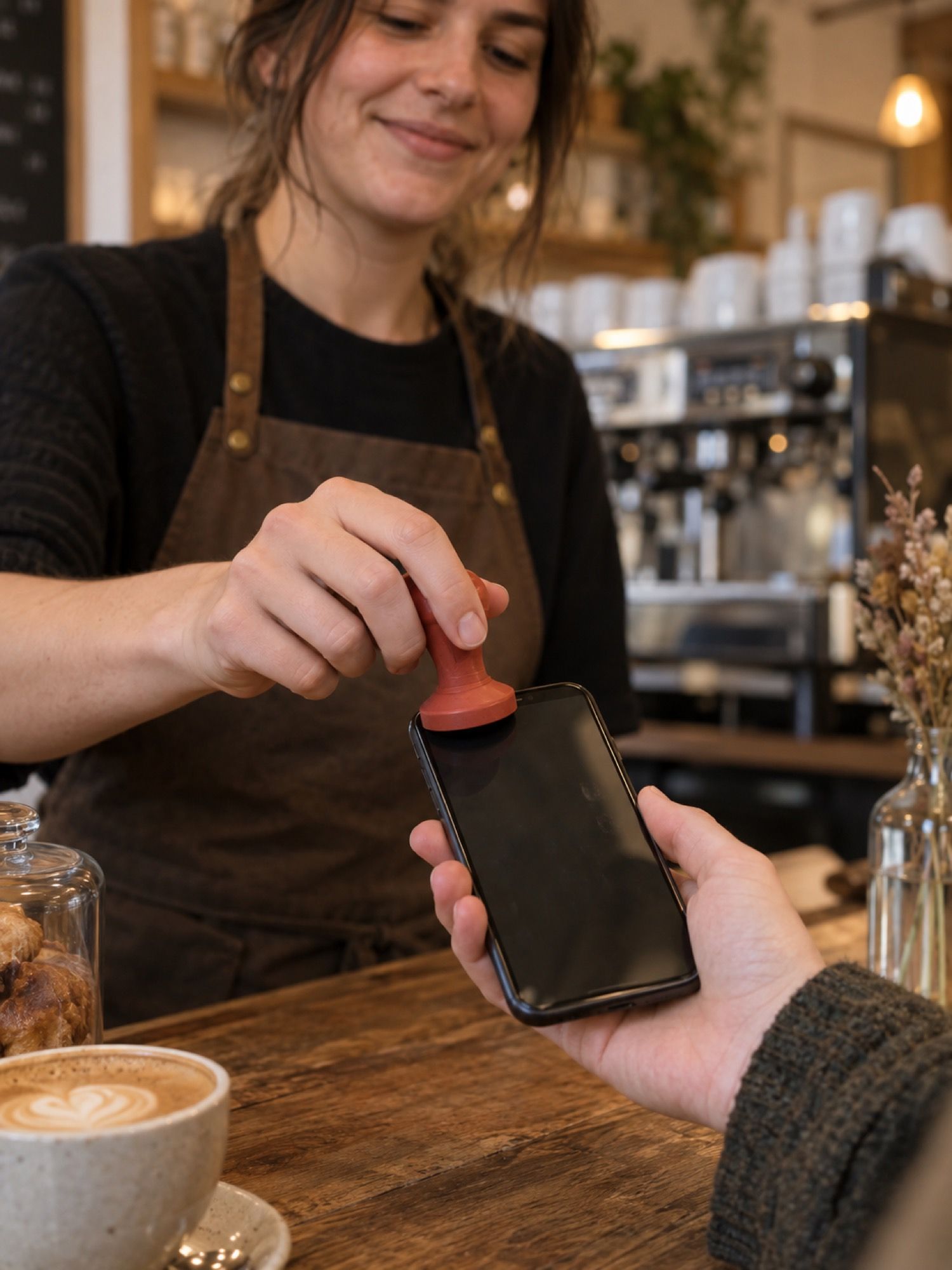 Barista hält einen kleinen Stempel an das Handy einer Kundin